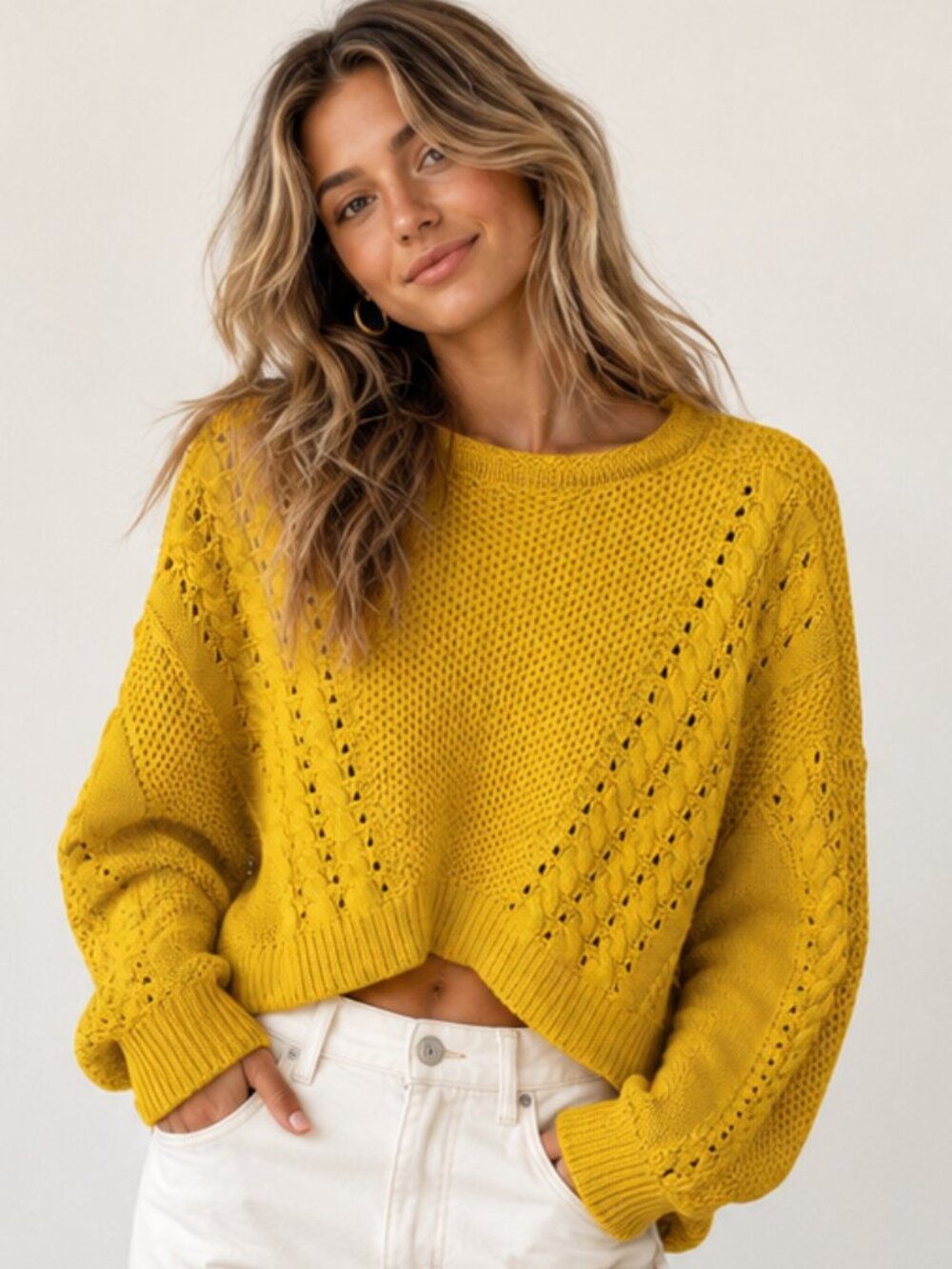 URBAN OUTFITTERS BDG Mustard Yellow Cropped Textured Open-Knit Sweater s euc